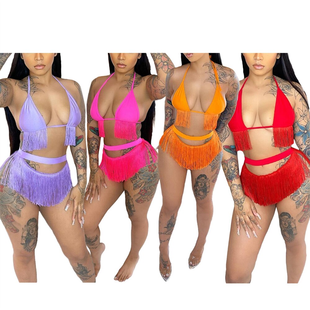 Fringe Detail Halter Bikini