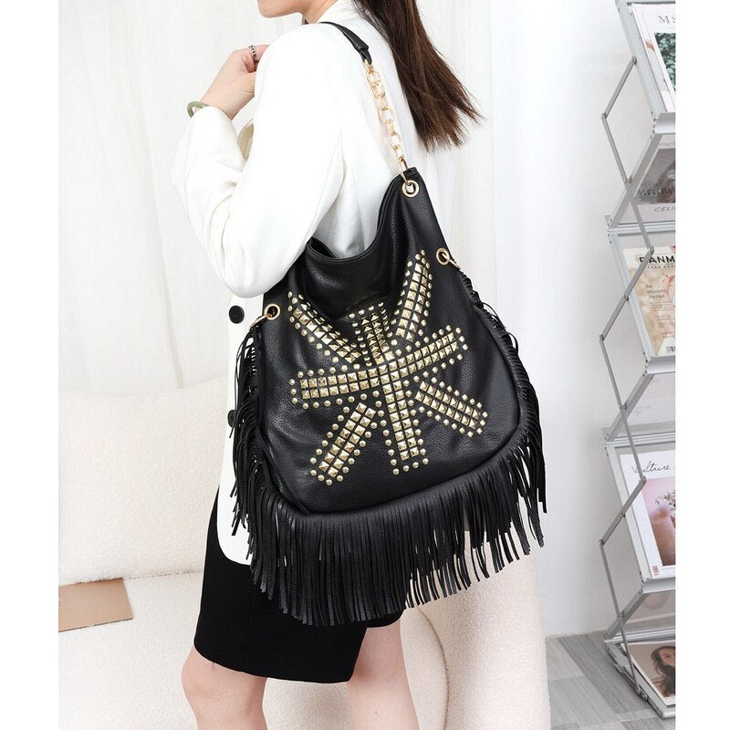 Black GB Studded Fringed Shoulder Bag