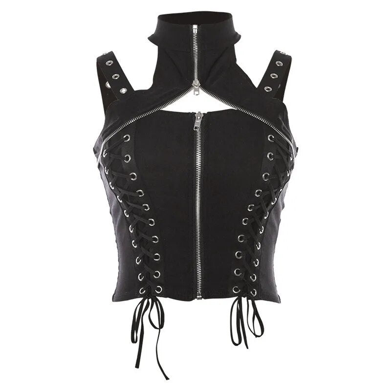 Zip Detail Polo Neck Corset Top
