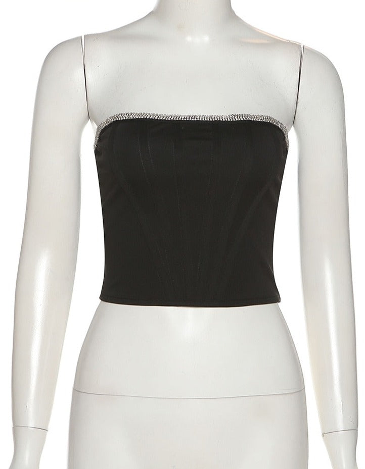 Black Diamante Trim Corset Top