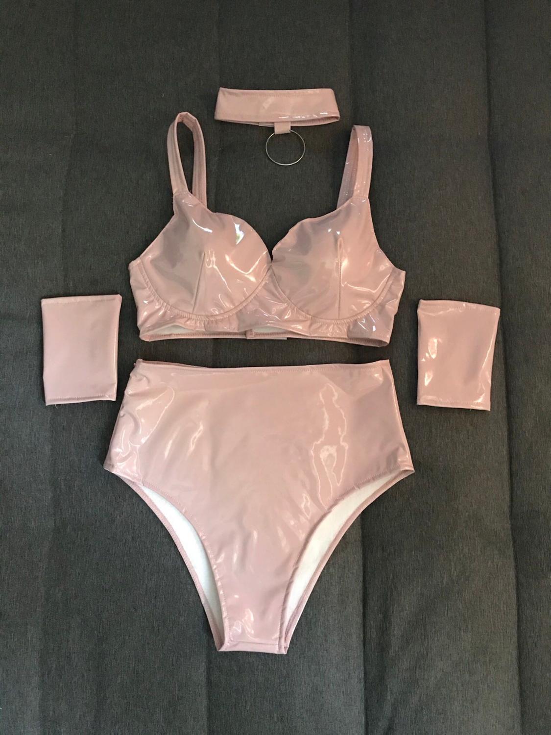 PU Bra Top, Pants, Choker & Cuffs Set