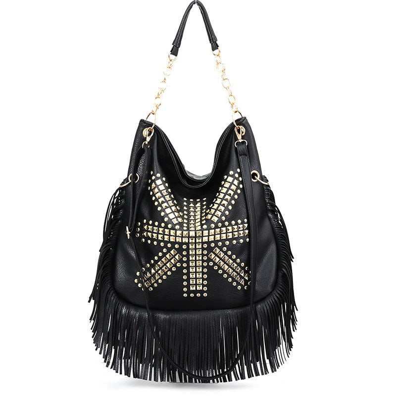 Black GB Studded Fringed Shoulder Bag