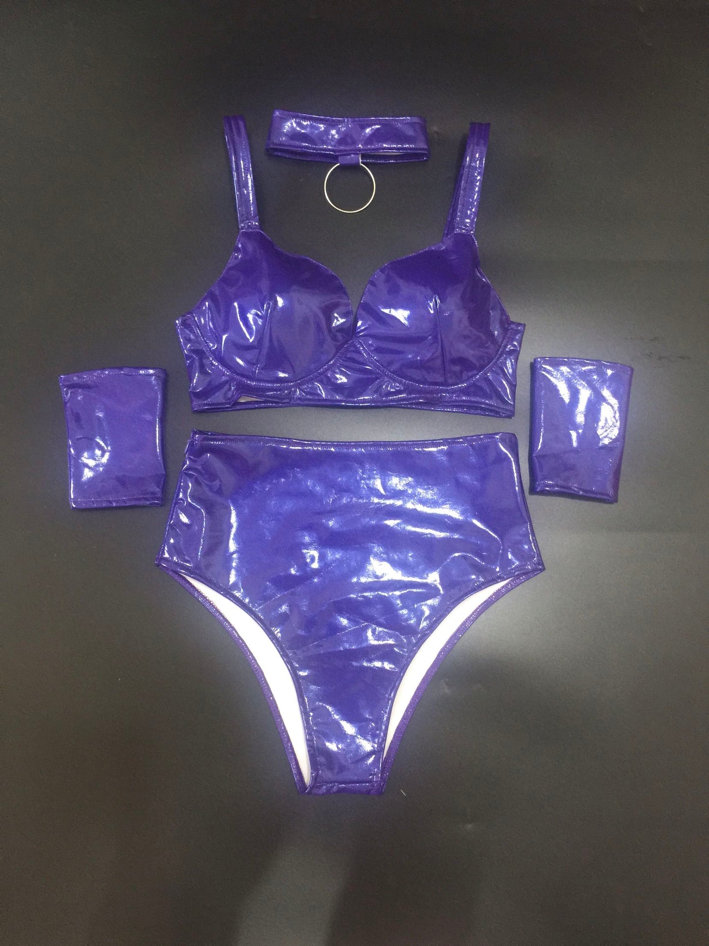 PU Bra Top, Pants, Choker & Cuffs Set