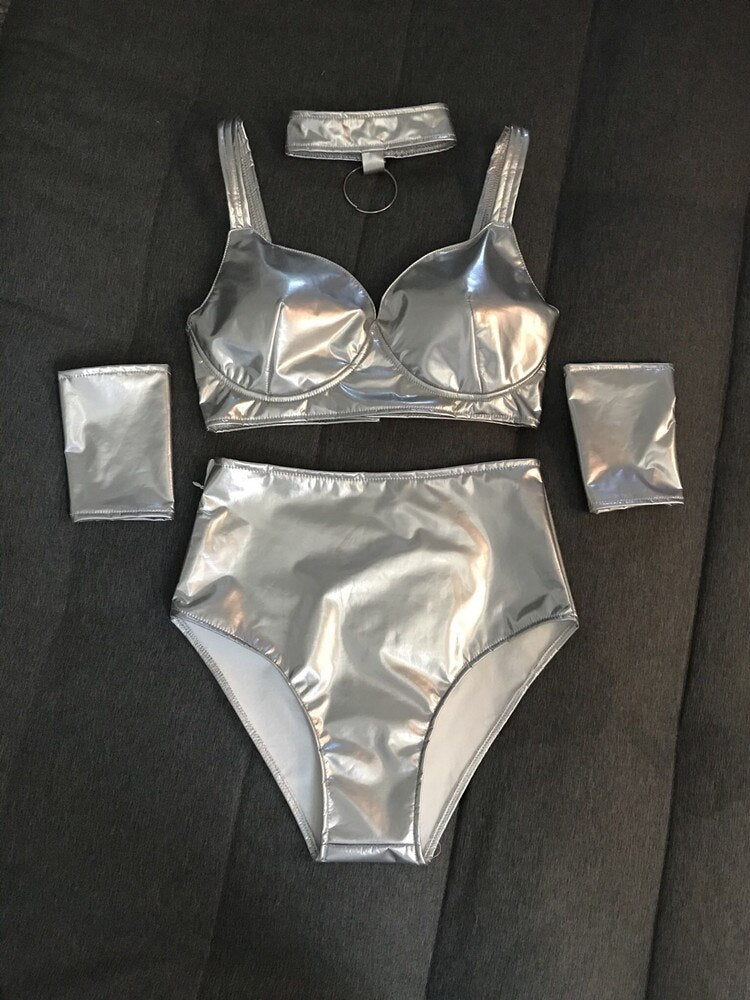 PU Bra Top, Pants, Choker & Cuffs Set