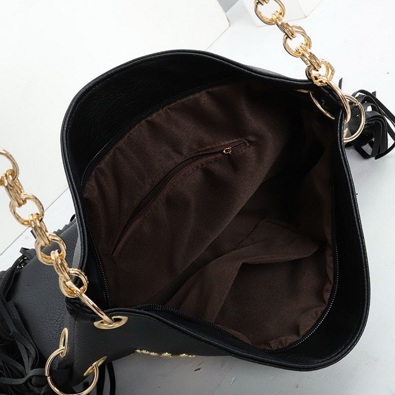 Black GB Studded Fringed Shoulder Bag