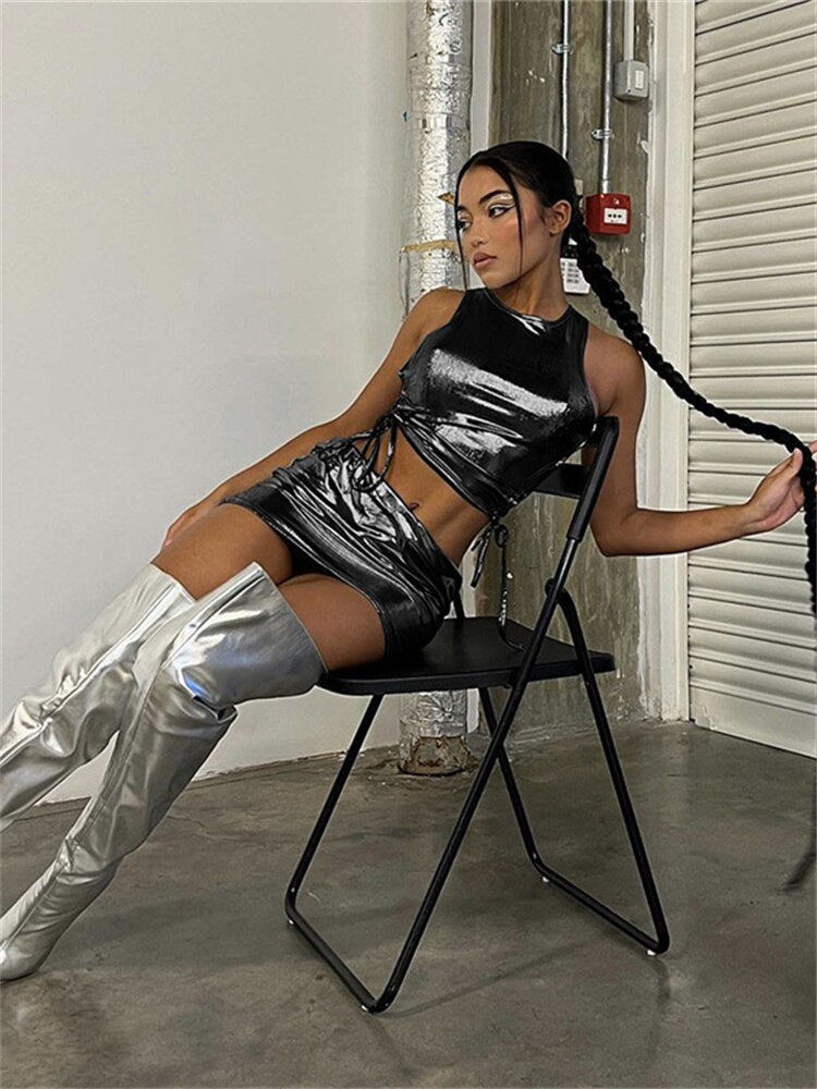 Metallic Ruched Vest Top & Skirt Set