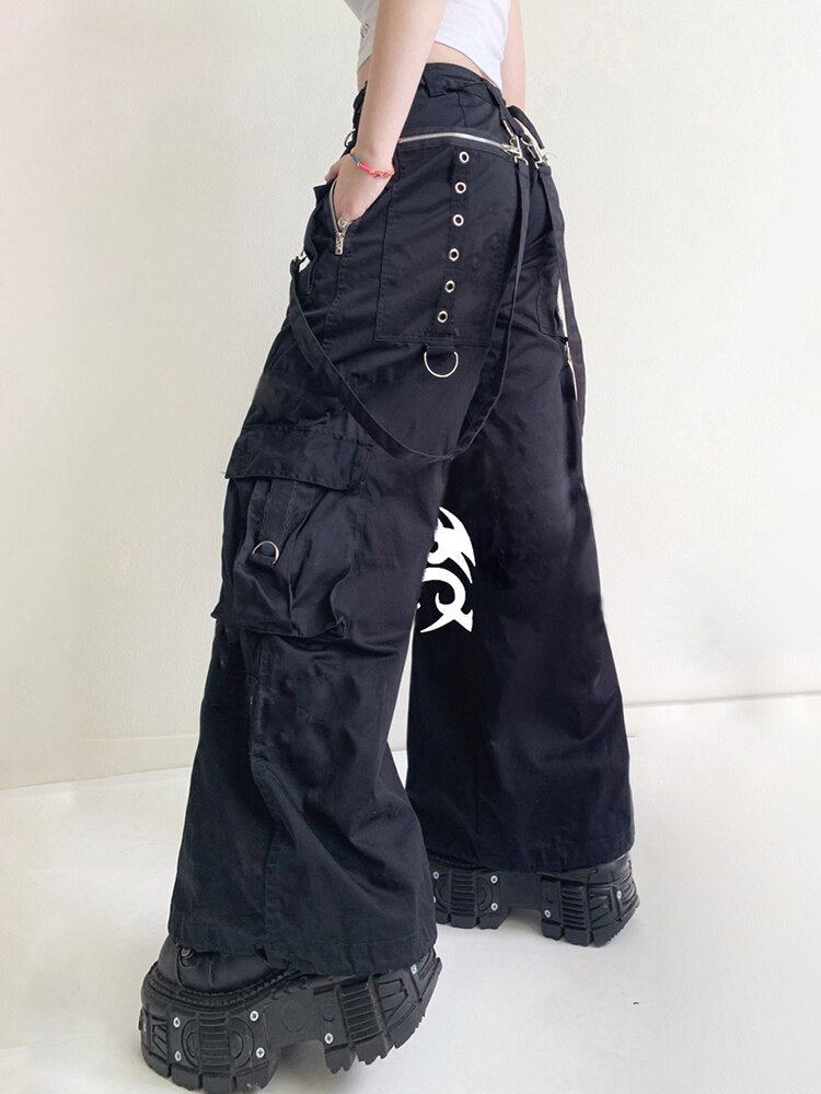 Black Tattoo Print Utility Pants