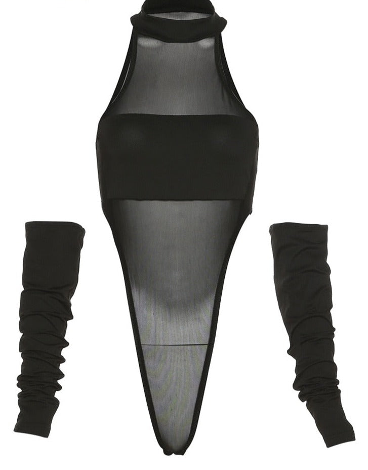 Black High Cut Bodysuit & Sleeve Set