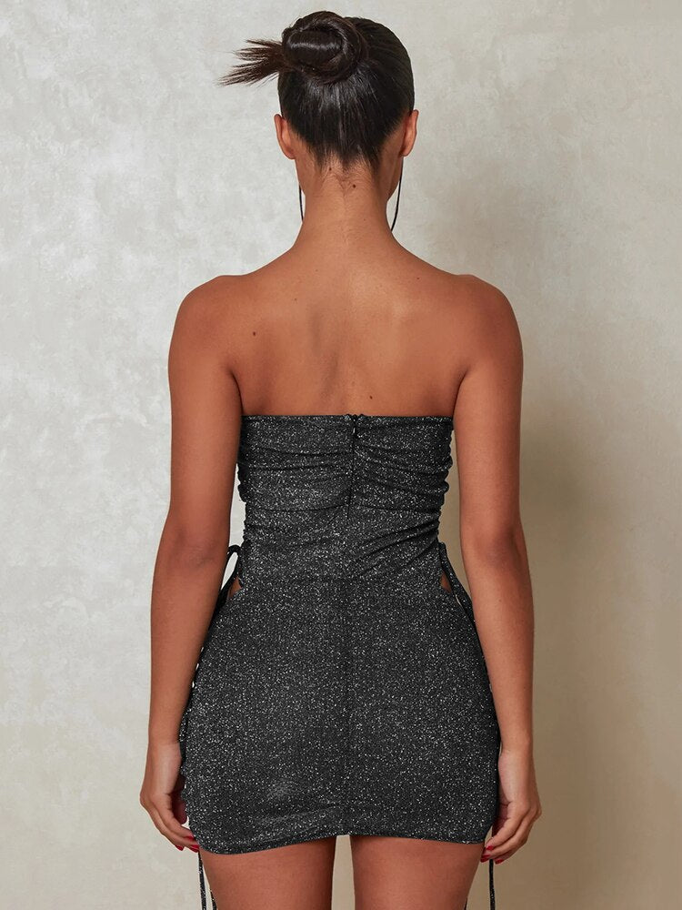 Strapless Glitter Ruched Boob Top & Skirt Co Ord Set