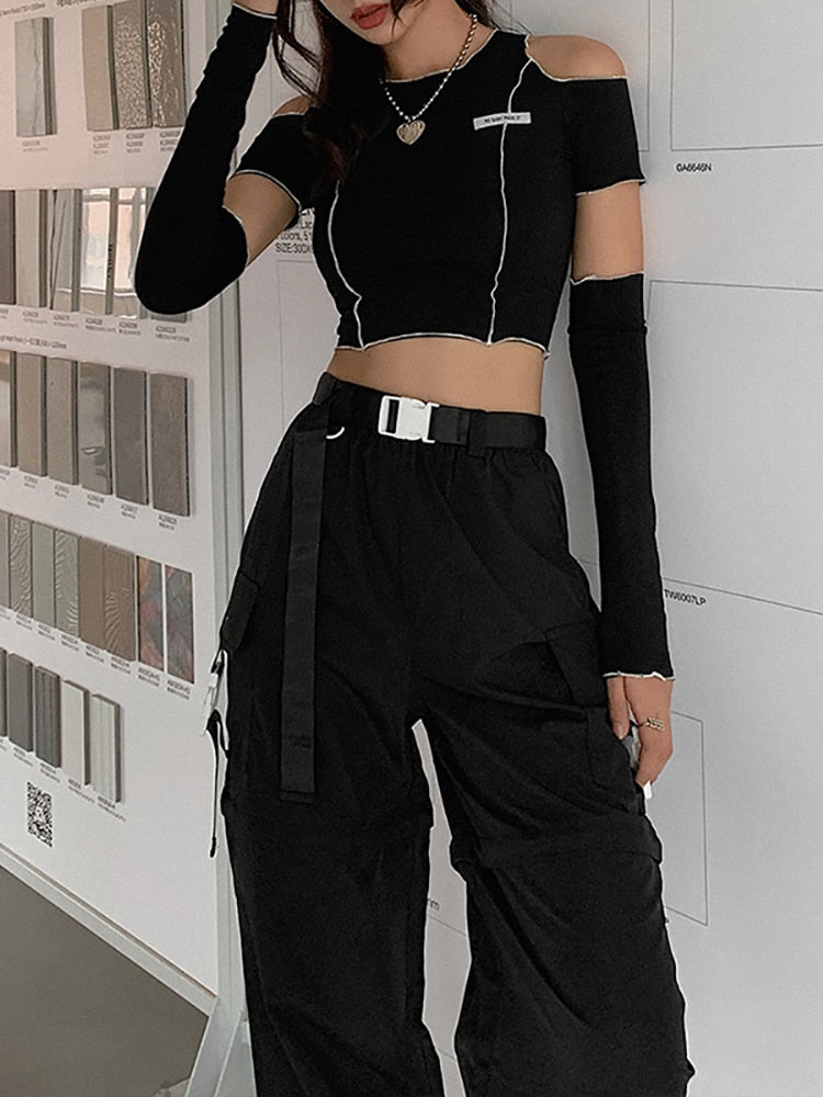 Black Cold Shoulder Crop Top With Sleeves