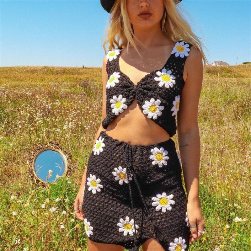 Colourful Crochet Crop Top & Skirt Co Ord Set