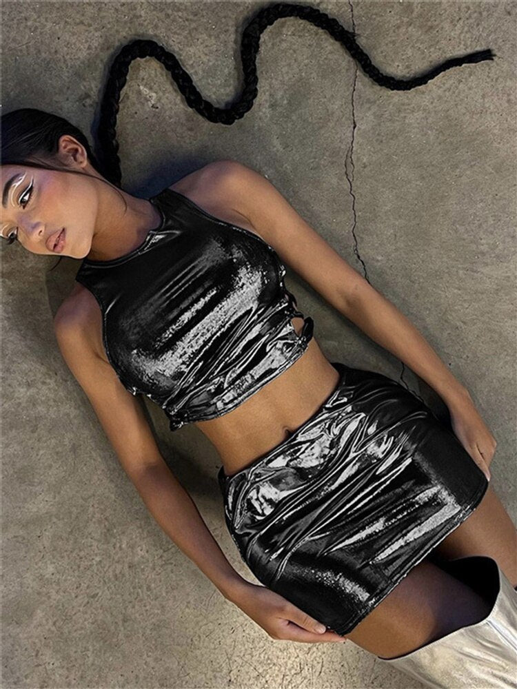 Metallic Ruched Vest Top & Skirt Set