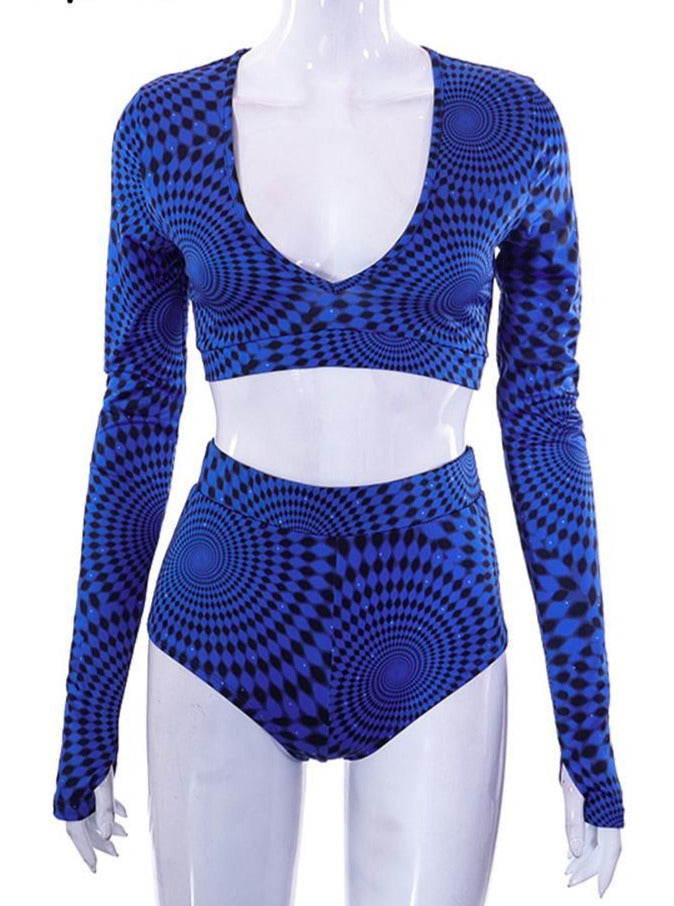 Geometric Long Sleeve Crop Top & Pants Set