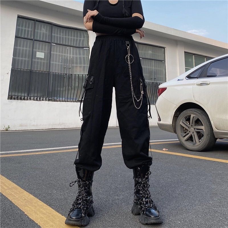 Black Gothic Utility Pants With Silver Chain