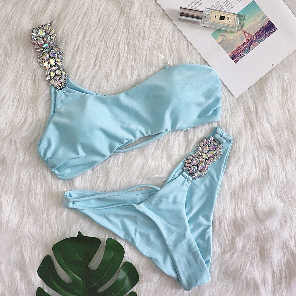 Powder Blue Rhinestone One Shoulder Bikini