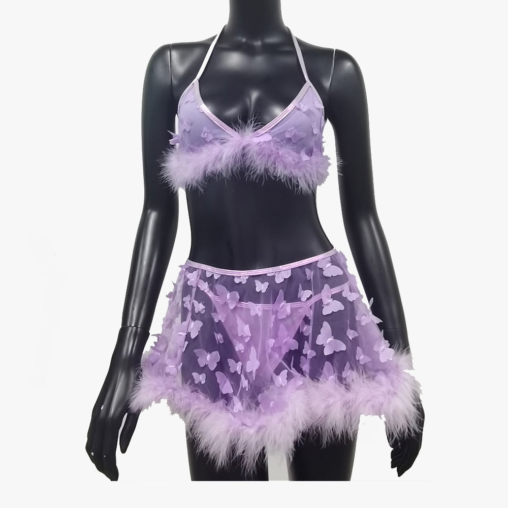Butterfly Mesh 3 Piece Skirt Set