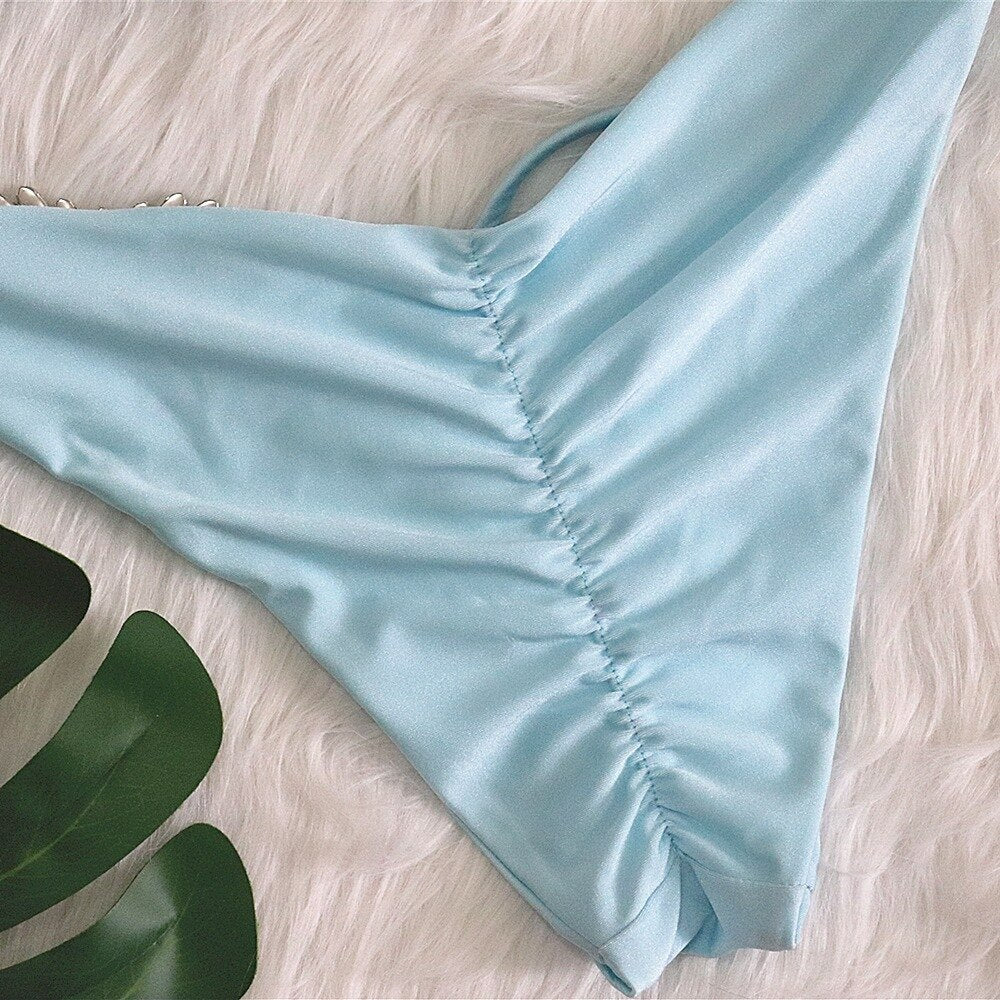 Powder Blue Rhinestone One Shoulder Bikini
