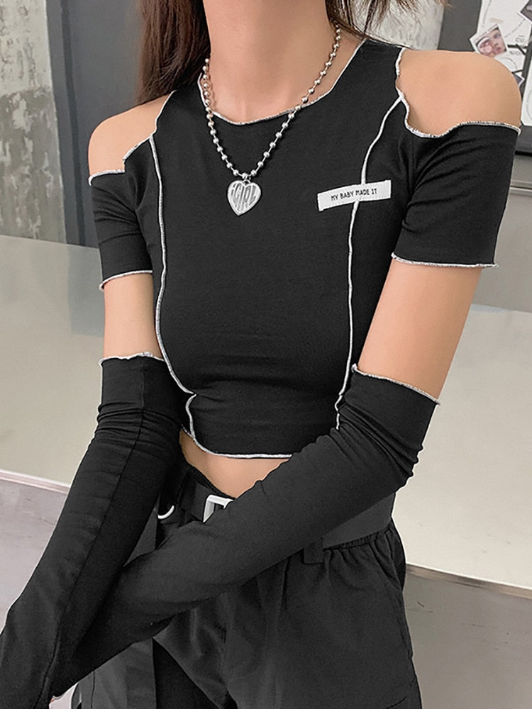 Black Cold Shoulder Crop Top With Sleeves