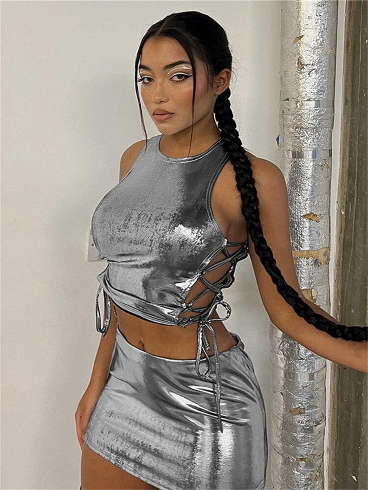 Metallic Ruched Vest Top & Skirt Set