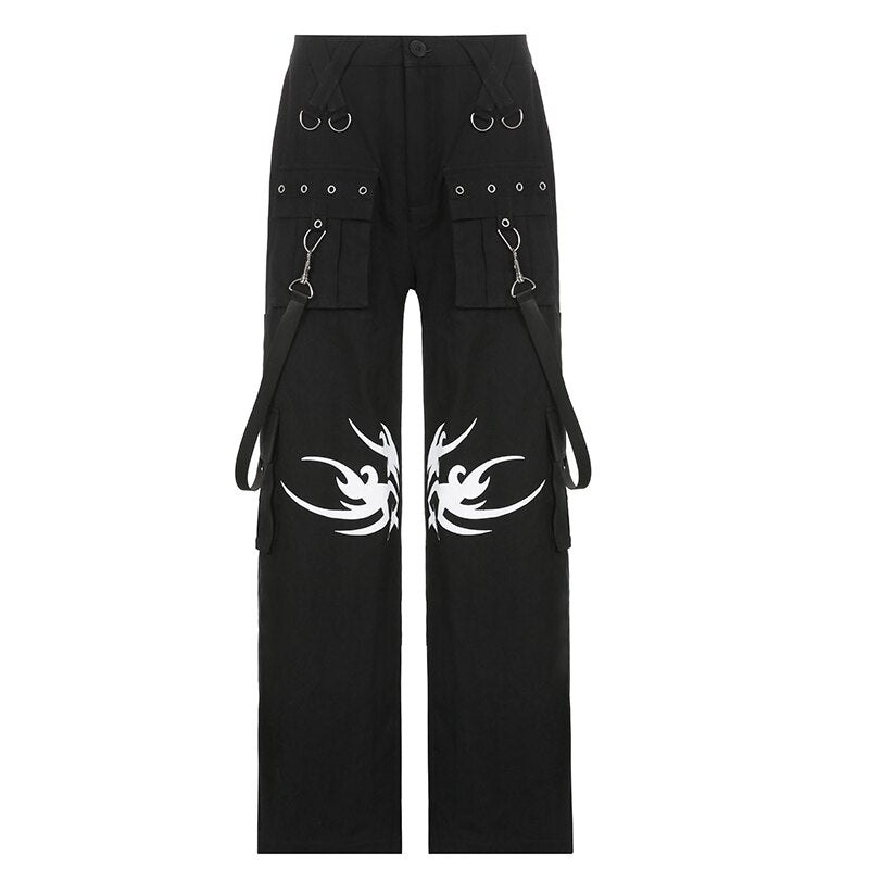 Black Tattoo Print Utility Pants