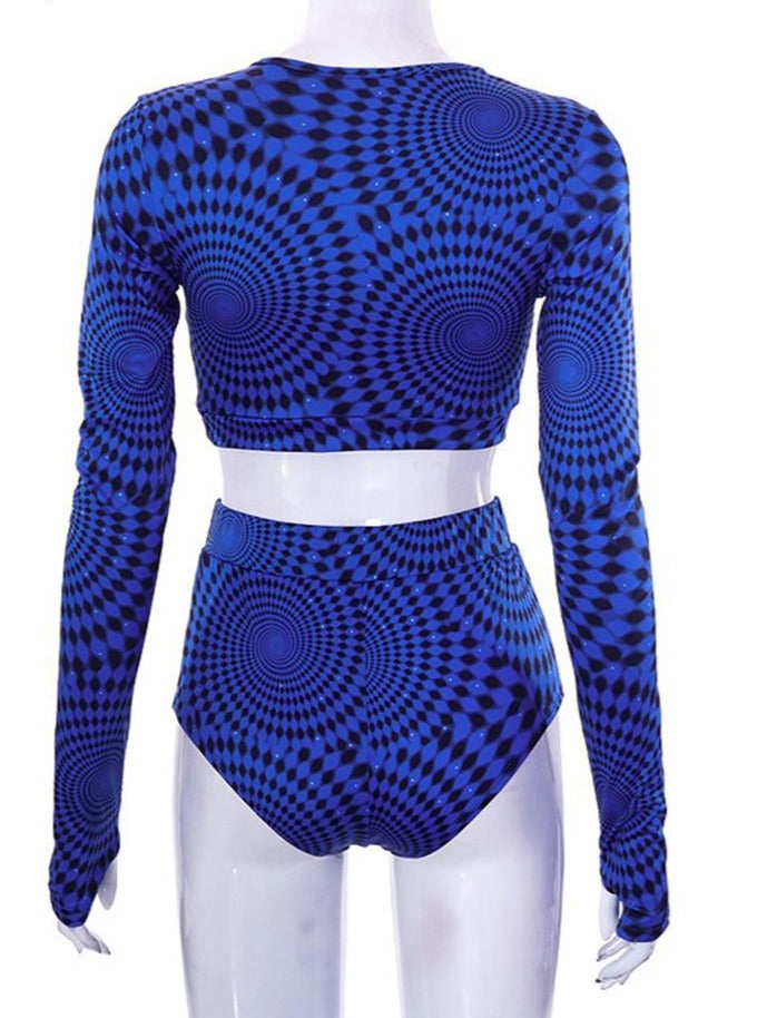 Geometric Long Sleeve Crop Top & Pants Set