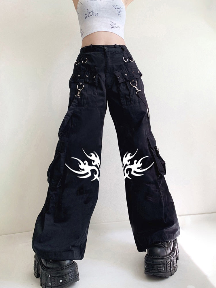 Black Tattoo Print Utility Pants