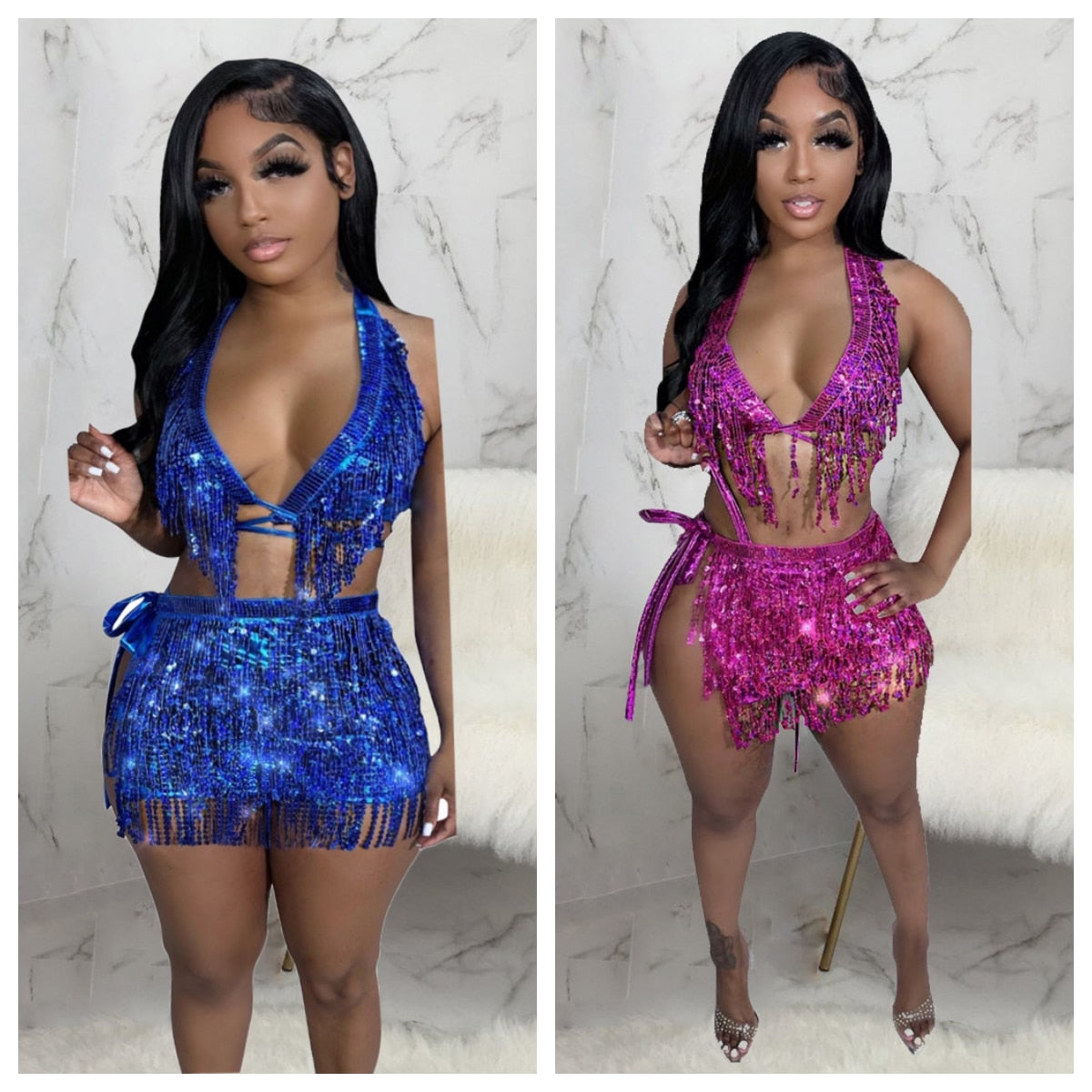 Sequin Thong Bikini & Wrap Skirt Set