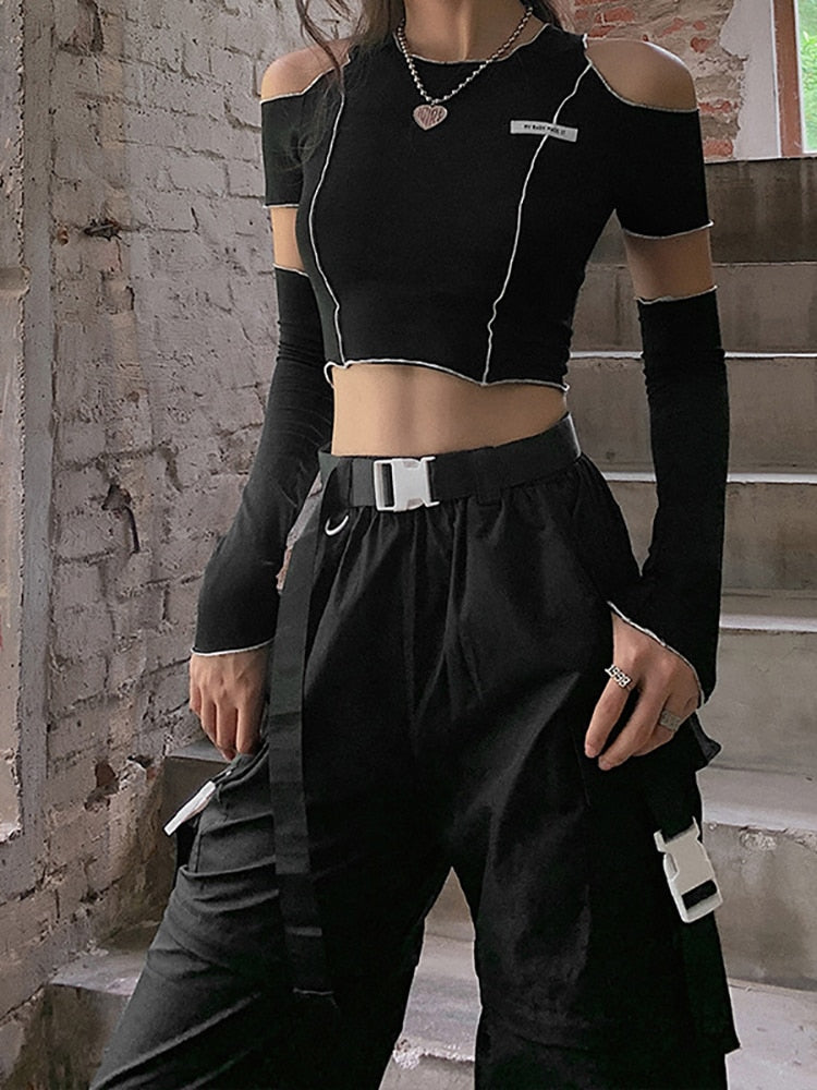 Black Cold Shoulder Crop Top With Sleeves