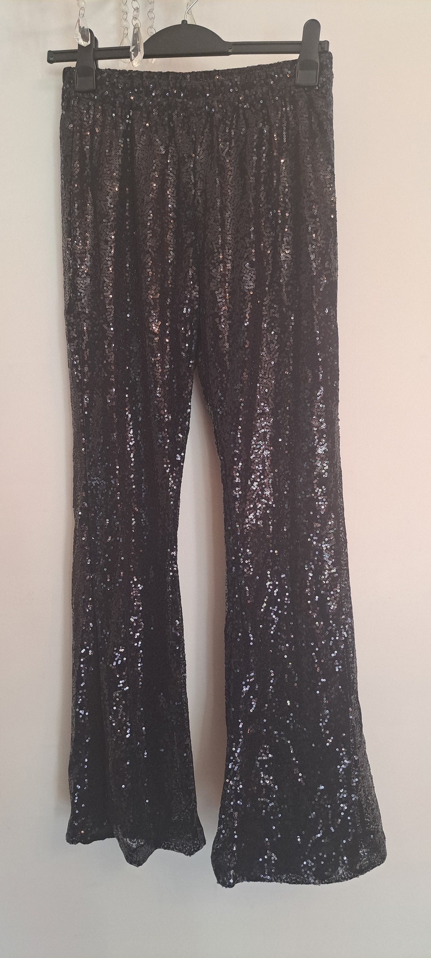 High Waist Straight Leg Sequin Trousers Elasticated Waistband