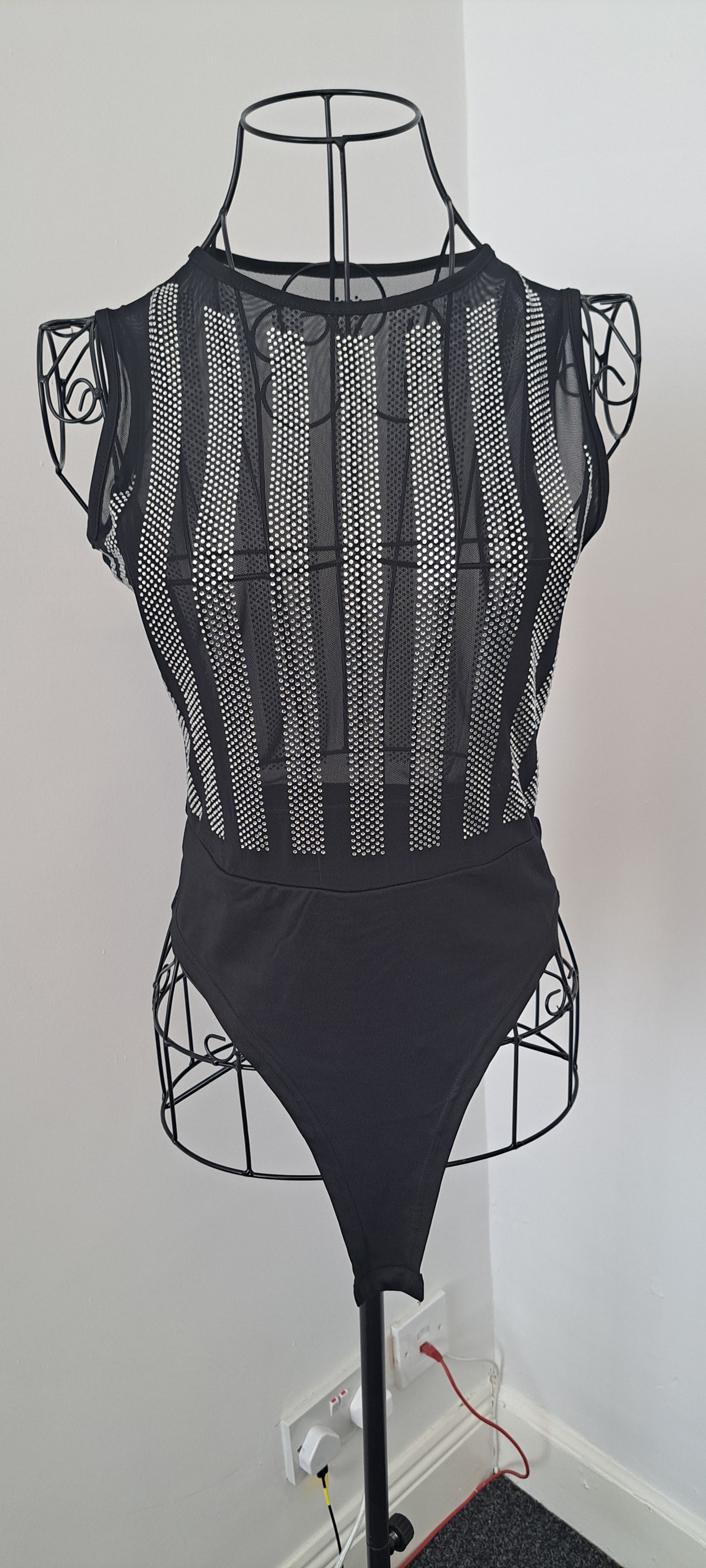 Black Mesh & Rhinestone Sparkly Sleeveless Bodysuit