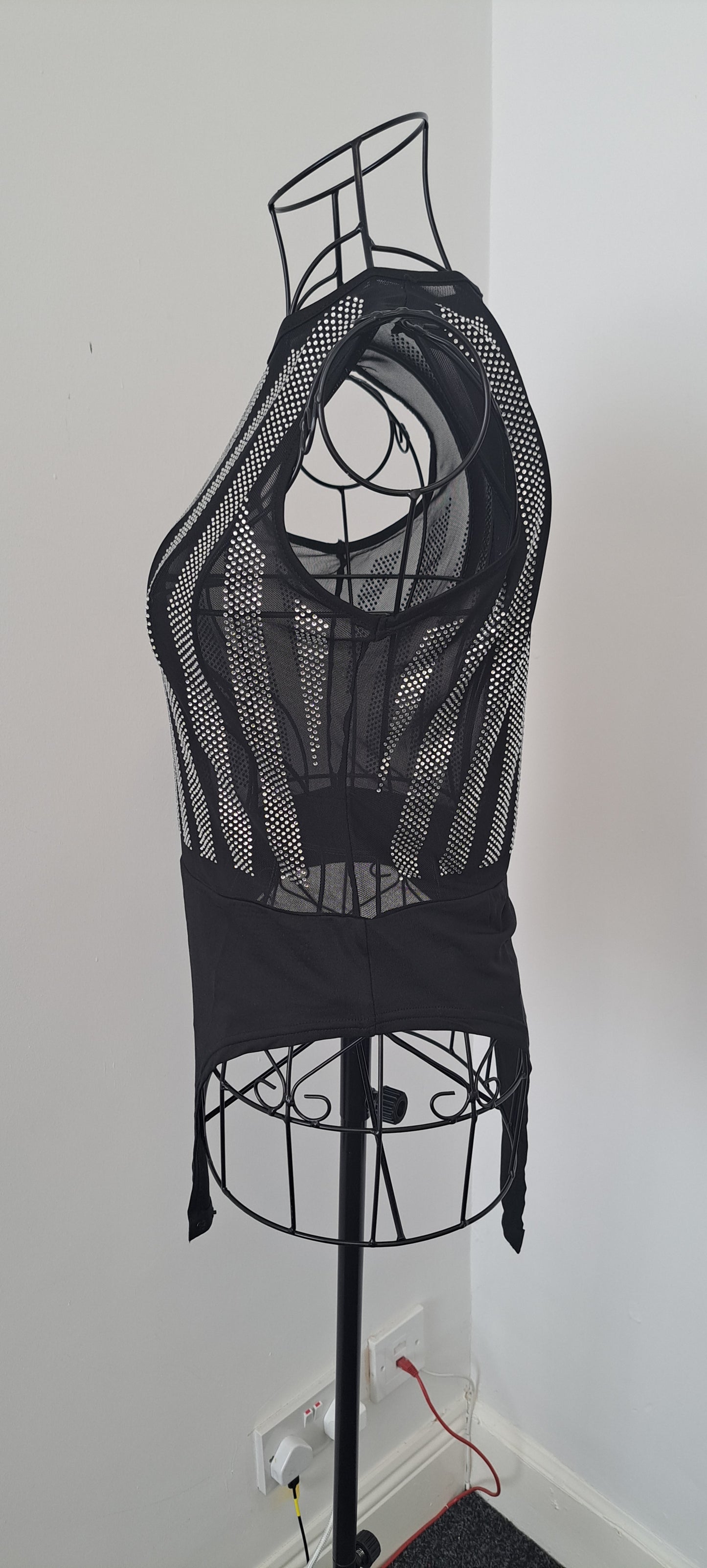 Black Mesh & Rhinestone Sparkly Sleeveless Bodysuit