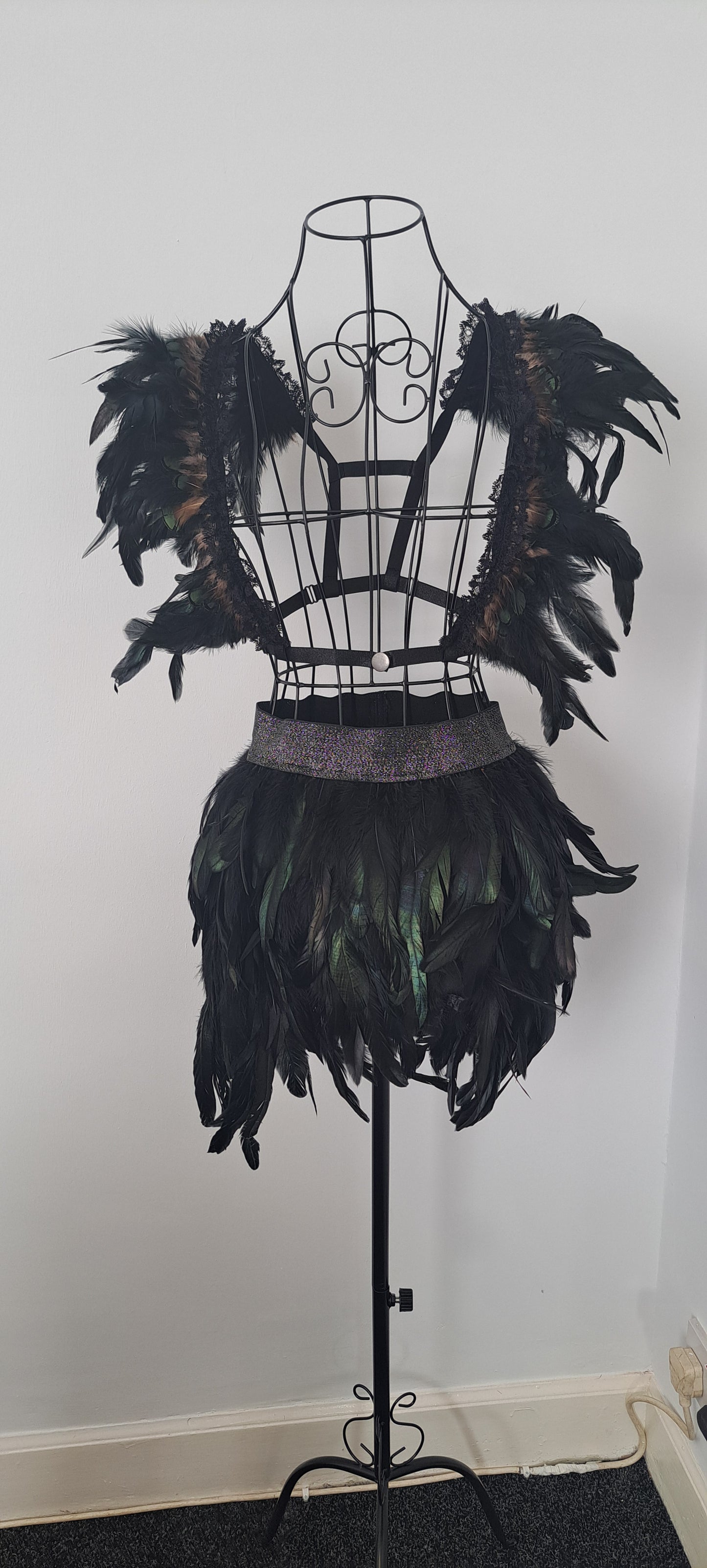 Black Feather Top & Skirt Set