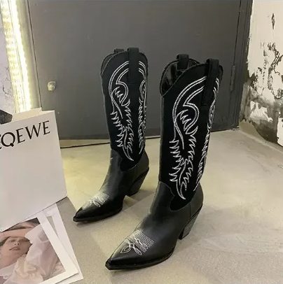 Black Cowboy Boots With Fabric Inserts