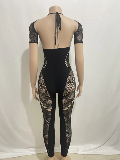 Stretchy Black Sexy Cut Out Mesh Jumpsuit