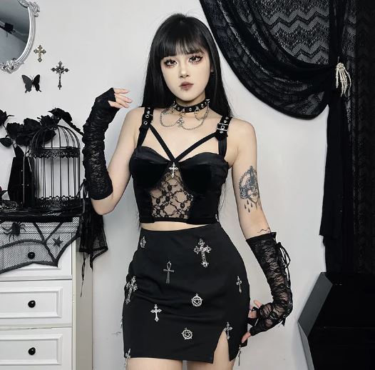 Black Buckle Strap Top With Lace Panel & Cross Detail