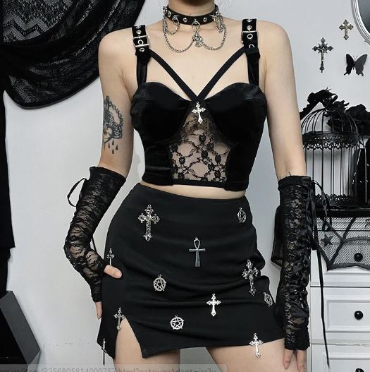 Black Buckle Strap Top With Lace Panel & Cross Detail