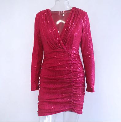 Low Cut Long Sleeve Ruched Sequin Dress