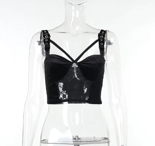 Black Buckle Strap Top With Lace Panel & Cross Detail