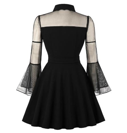 Black Mesh Bell Sleeve Skater Dress With Peter Pan Collar
