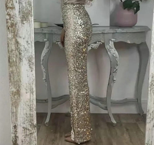 High Waist Straight Leg Sequin Trousers