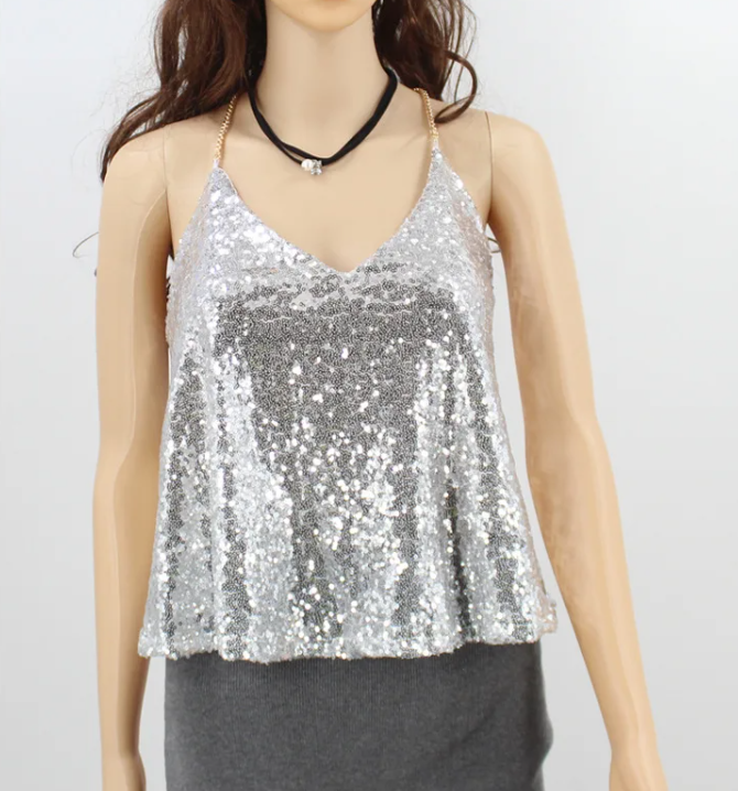 Sequin Strappy Top With Gold Chain Detail