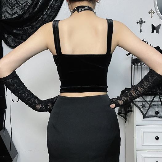 Black Buckle Strap Top With Lace Panel & Cross Detail