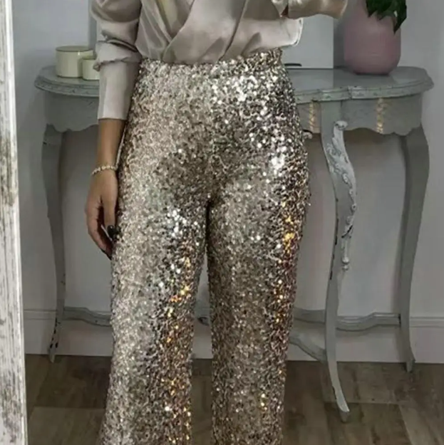 High Waist Straight Leg Sequin Trousers