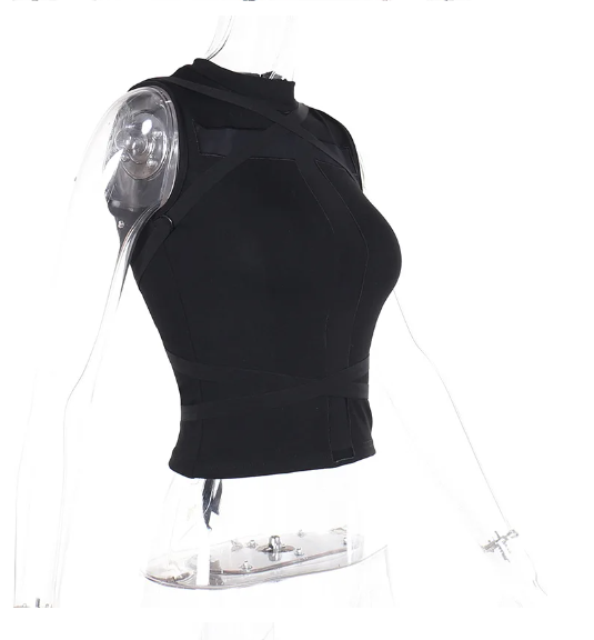 Black Sleeveless Cross Top With Strap Detail