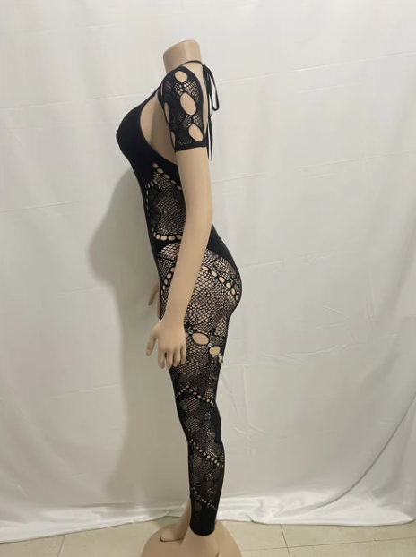 Stretchy Black Sexy Cut Out Mesh Jumpsuit