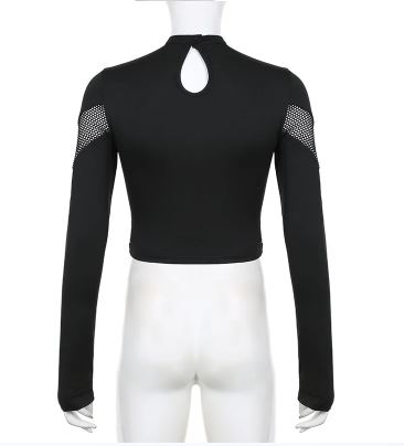 Black Long Sleeve Fishnet Panel Crop Top