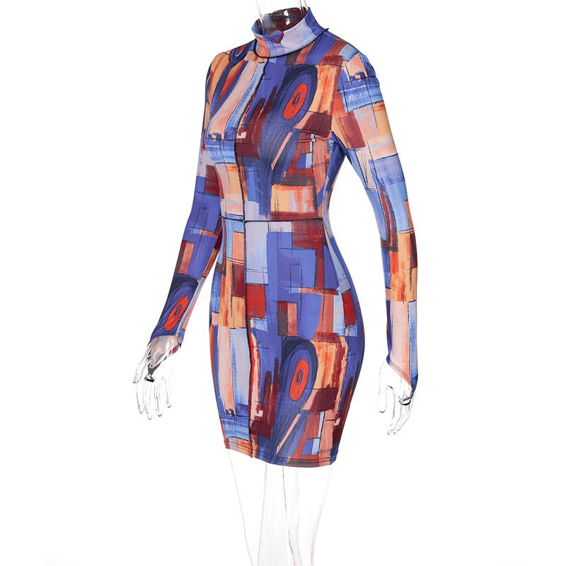 Geometric Print Mesh Bodycon Long Sleeve Dress