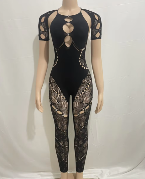 Stretchy Black Sexy Cut Out Mesh Jumpsuit