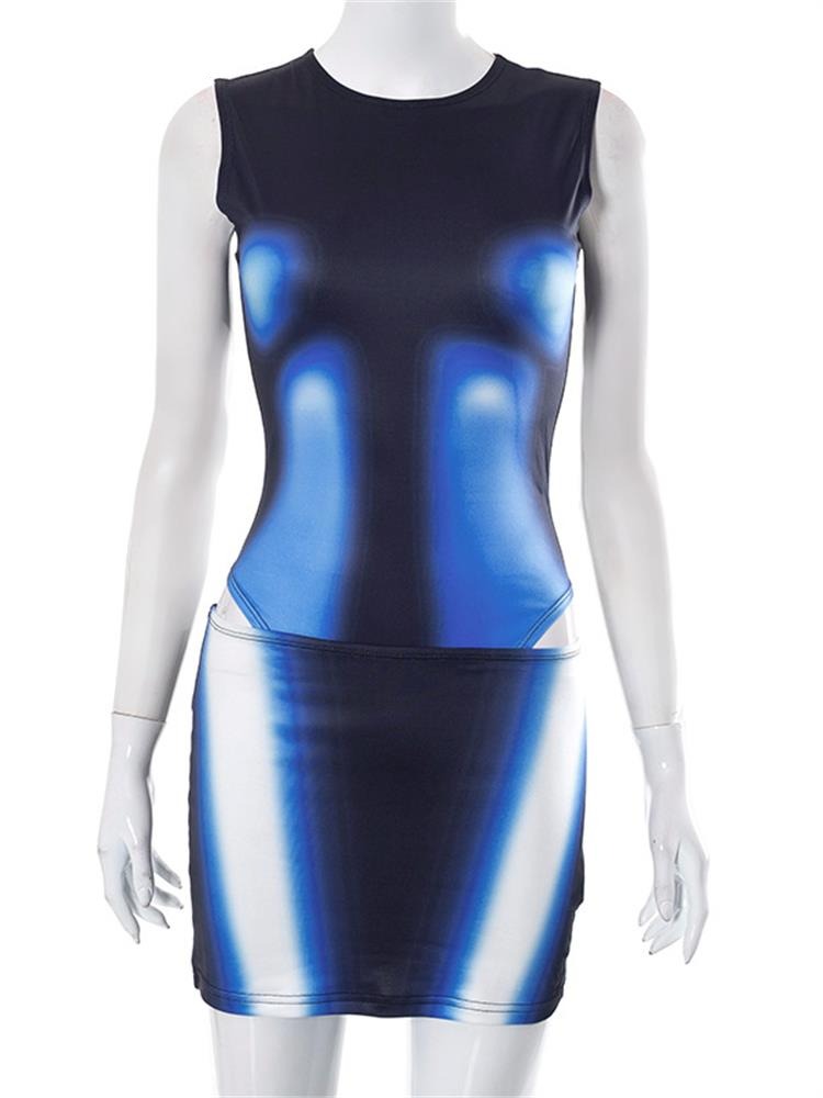 3D Body Print Sleeveless Bodysuit & Skirt Set