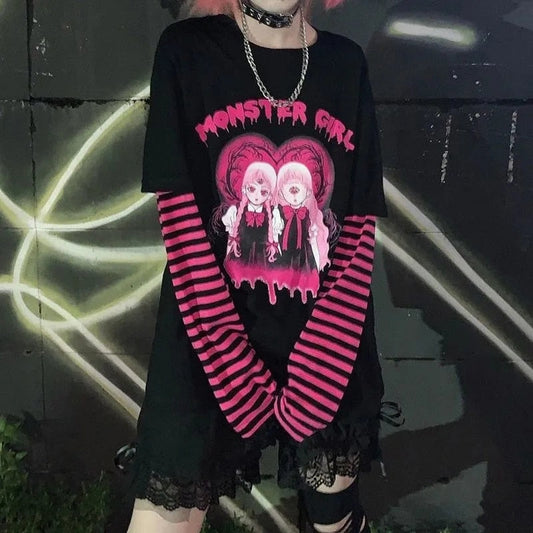 Pink & Black Stripe Long Sleeve Top